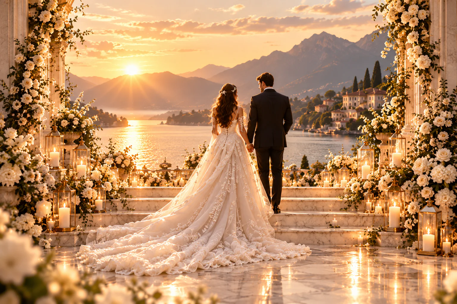 Illustration eines Brautpaars am See bei Sonnenuntergang